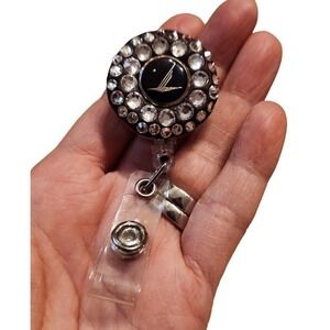 Bling ID holder.‎ Retractable. Alaska Airlines. Vintage Button. Work. Unique.